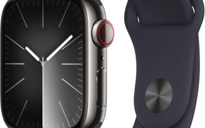 Apple Watch Series 9 (41 mm GPS + Cellular) Smartwatch avec boîtier en Acier Inoxydable Graphite et Bracelet Sport Minuit (S/M). Suivi de l’activité Physique, apps Oxygène sanguin et ECG