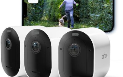 Arlo Pro 5 2K, Caméra de Surveillance WiFi Extérieure Sans Fil, Vision Nocturne Couleur Avancée, Éclairage, Sirène et WiFi Double Bande, Essai Abonnement Secure Inclus, 3 Caméras Blanc