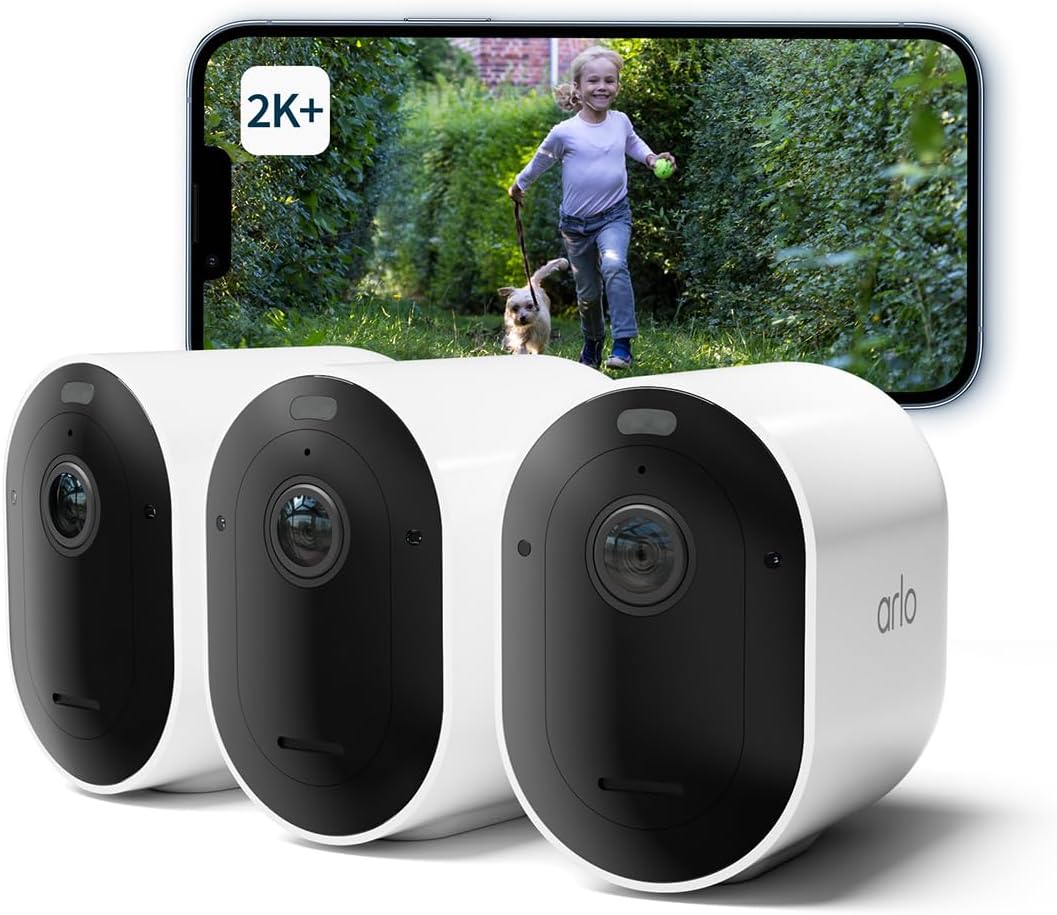 Arlo Pro 5 2K, Caméra de Surveillance WiFi Extérieure Sans Fil, Vision Nocturne Couleur Avancée, Éclairage, Sirène et WiFi Double Bande, Essai Abonnement Secure Inclus, 3 Caméras Blanc