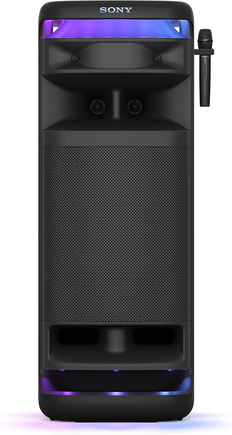 SONY ULT Tower 10 Power Sound – Enceinte Festive Party Box Ultra Puissante, Bluetooth, Modes Deep Bass & Attack Bass, Eclairage 360°, Micro sans Fil Inclus, Facile à déplacer, Roues pivotantes – Noir