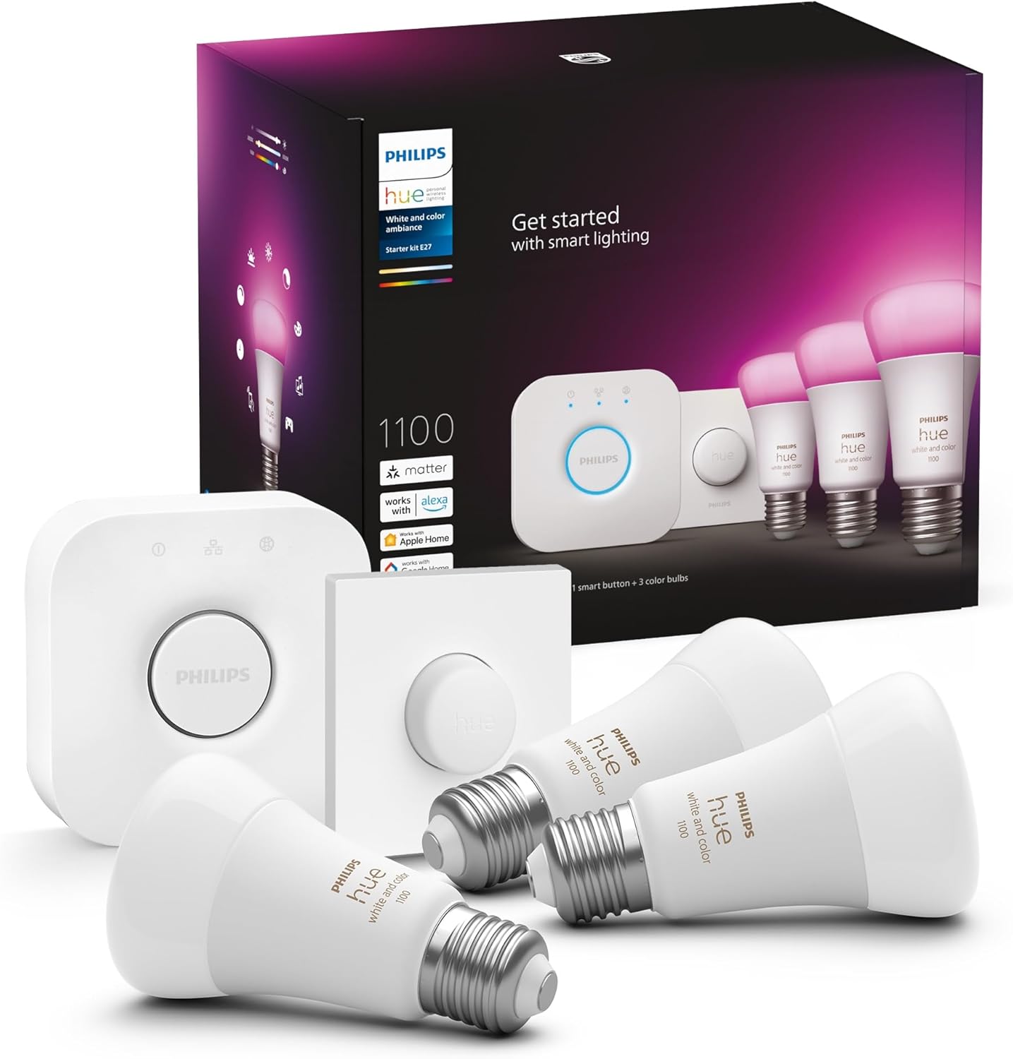 Philips Hue Kit de démarrage White Ambiance : 3 Ampoules LED Intelligentes et connectées E27, Pont de Connexion, Bouton Smart Hue, Compatible Bluetooth, Alexa, Google Assistant, Apple HomeKit