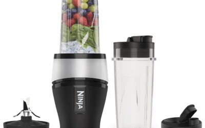 Ninja 700W Mixeur Slim et Smoothie Maker, 2x 470ml gobelets avec couvercles à bec, mixeur personnel, écrase la glace et les fruits congelés, argent/noir QB3001EUS