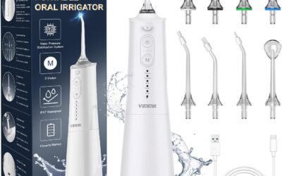 VIMMK Jet Dentaire Hydropulseur et Irrigateurs Oral avec 5 Modes de Pression d’eau et 8 Embouts Remplaçables, Rechargeable et Étanche IPX7, Réservoir 300ML (Blanc)